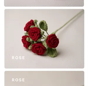 Close-up of handmade red crochet rose bouquet showing intricate knit texture