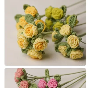 Detailed view of handmade multi-colored crochet roses with delicate knitting