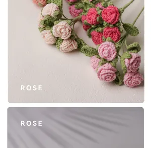 Detailed macro view of hand-knitted crochet pink roses with intricate yarn texture.