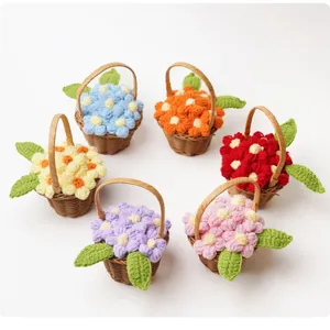 Handmade mini crochet puff flower baskets in six assorted colors for creative home decor