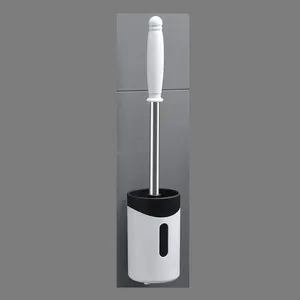 Moderne witte kunststof toiletborstel met lange steel en wandhouder voor de badkamer