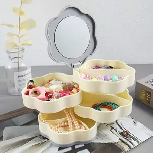 Elegante joyero giratorio de 4 niveles con forma de flor y espejo interior de plástico