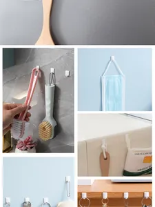 Multi-use mini adhesive hooks shown holding keys, brushes, and a face mask in various scenes.