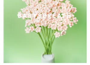 Macro view of hand-knitted pink baby's breath crochet flowers with elegant pearl centers