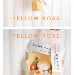 Handmade knitted yellow rose bouquet in gift bag for Teacher's Day and Mother's Day