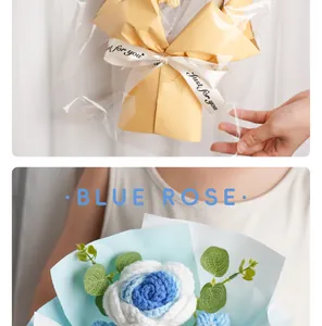 Detailed close-up showing a handmade blue and white knitted crochet rose bouquet