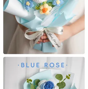 Close-up detail view of a handmade blue crochet rose bouquet with a Just for you ribbon