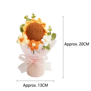 Handgemaakt gehaakt zonnebloemboeket in roze emmertje cadeau, hoogte 20cm breedte 13cm