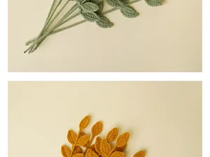 Hojas de eucalipto decorativas tejidas a mano en hilo verde y amarillo mostaza artesanal