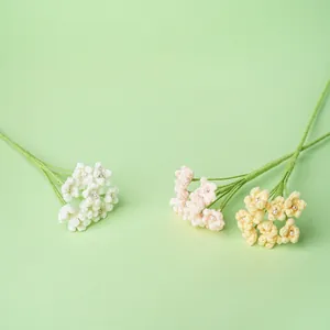 Handmade Crochet Yarn Artificial Flower Bouquet Gypsophila Pearl Accent Fake Flower Home Wedding Party Table Centerpiece Decoration