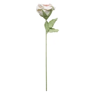 Handmade crochet white and pink rose flower with a long green stem, perfect for gifts