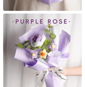 Detailed view of a handmade purple crochet rose bouquet with delicate yarn work