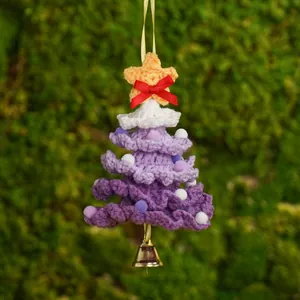 Handmade purple crochet Christmas tree hanging ornament with yellow star and gold bell
