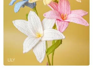 Detailed macro view of multi-colored crochet lily flowers with intricate knit textures