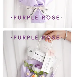 Detailed view of a handmade purple and white crochet rose bouquet in elegant gift packaging
