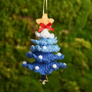 Handmade blue crochet Christmas tree hanging ornament with bell and red bow decoration