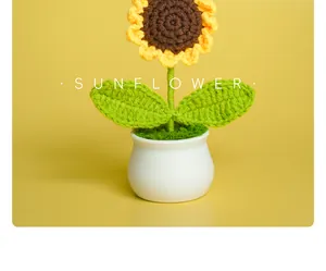 Detailed view of handmade crochet sunflower potted plant in a white ceramic pot for gift