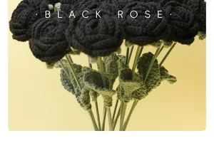 Vista detallada de alta calidad de un ramo de rosas negras tejidas a mano a ganchillo