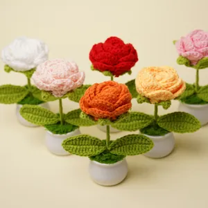 Handmade Knitted Rose Potted Plant Crochet Flower Ornament Graduation Gift Home Decor Tabletop Desk Decoration