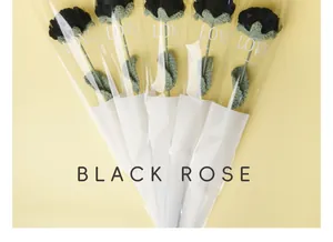 Vista detallada de 5 rosas negras tejidas a mano en un embalaje elegante y fino.