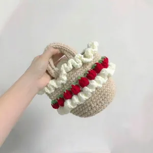 Handmade crochet strawberry cream cake basket bag for picnic and cute DIY gift idea