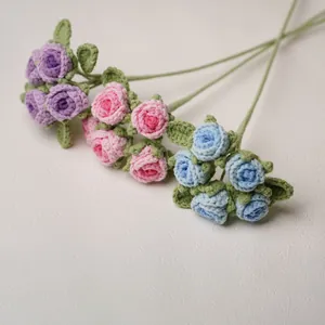 Hand-knitted crochet rose bouquets in pink, purple, and blue colors for beautiful gifts
