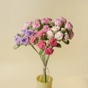 Handmade crochet bubble rose bouquet with colorful knitted flowers displayed in a vase