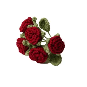 Handmade crochet red rose bouquet with green leaves for Valentine's Day gift
