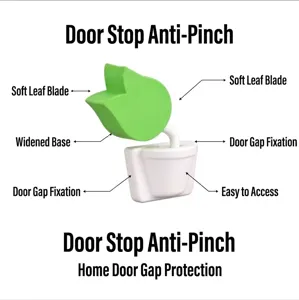 Infographic displaying features of a green leaf-shaped baby safety door stopper.