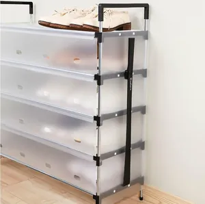 Long magnetic shoehorn attached to a translucent 4-tier shoe rack storage cabinet