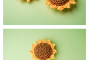 Vista detallada de cabezas de girasol tejidas a mano para accesorios de ropa y manualidades