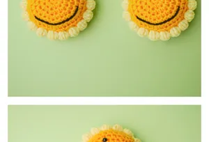 Vista macro de un girasol de ganchillo amarillo con detalles de cara sonriente para manualidades.