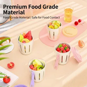 Portable double-layer fruit salad cup with built-in fork and drainer for breakfast