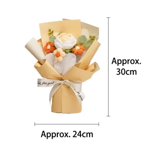 Handmade crochet flower bouquet with yellow wrap and Just for you ribbon, 30cm height