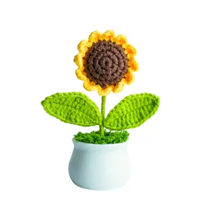 Handmade crocheted sunflower potted plant decor with white ceramic base