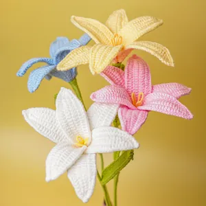 Hand-knitted crochet lily bouquet finished product in pastel colors for home decoration