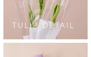 Macro detail of handmade crochet tulip leaves and elegant bouquet flower packaging.