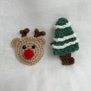 Handmade crochet Christmas reindeer and tree hair clips or brooches for holiday gifts
