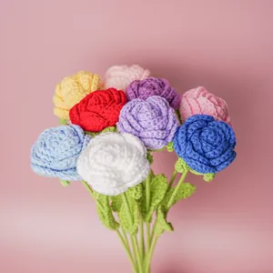 Handmade Knitted Rose Flower Crochet Artificial Flower Bouquet For Valentine Day Girlfriend Gift Home Decor