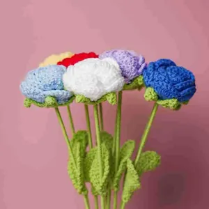 Handmade crochet rose bouquet finished flowers colorful yarn knitted floral gift main view