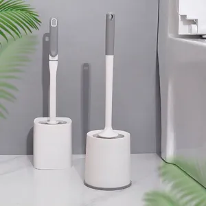 Modern white and grey plastic toilet brush set with base for deep bathroom cleaning