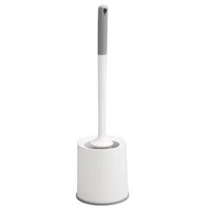 Minimalist white toilet brush set with grey handle and matching cylindrical base