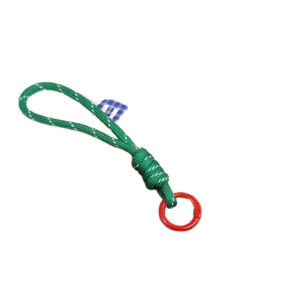 Handmade green braided phone lanyard with red metal ring connector for bags