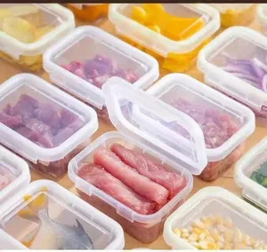 Macro view of portable food-grade storage containers filled with fresh meat and produce