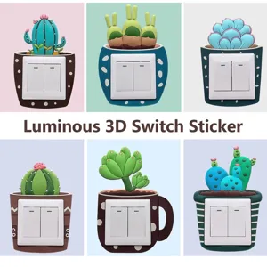 Decorative luminous silicone 3D cartoon cactus switch stickers for wall protection