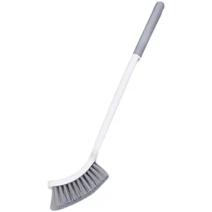 Ergonomic long-handled toilet cleaning brush with curved grey and white bristles for bathroom