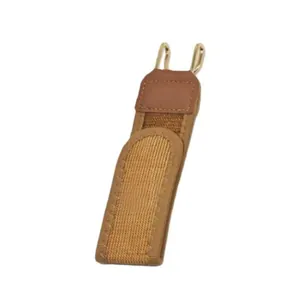 Detail view of brown elastic magic tape belt with gold metal hooks for waist adjustment.