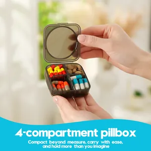 Compact 4-compartment portable pillbox for daily medication and supplements storage