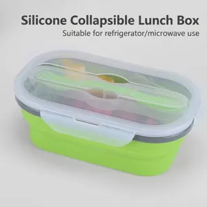 Boîte bento pliable en silicone vert avec couvercle transparent et fourchette
