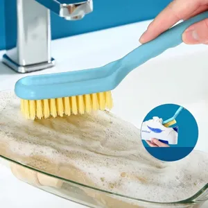 Long handle blue shoe brush with soft yellow bristles for deep cleaning laundry and sneakers